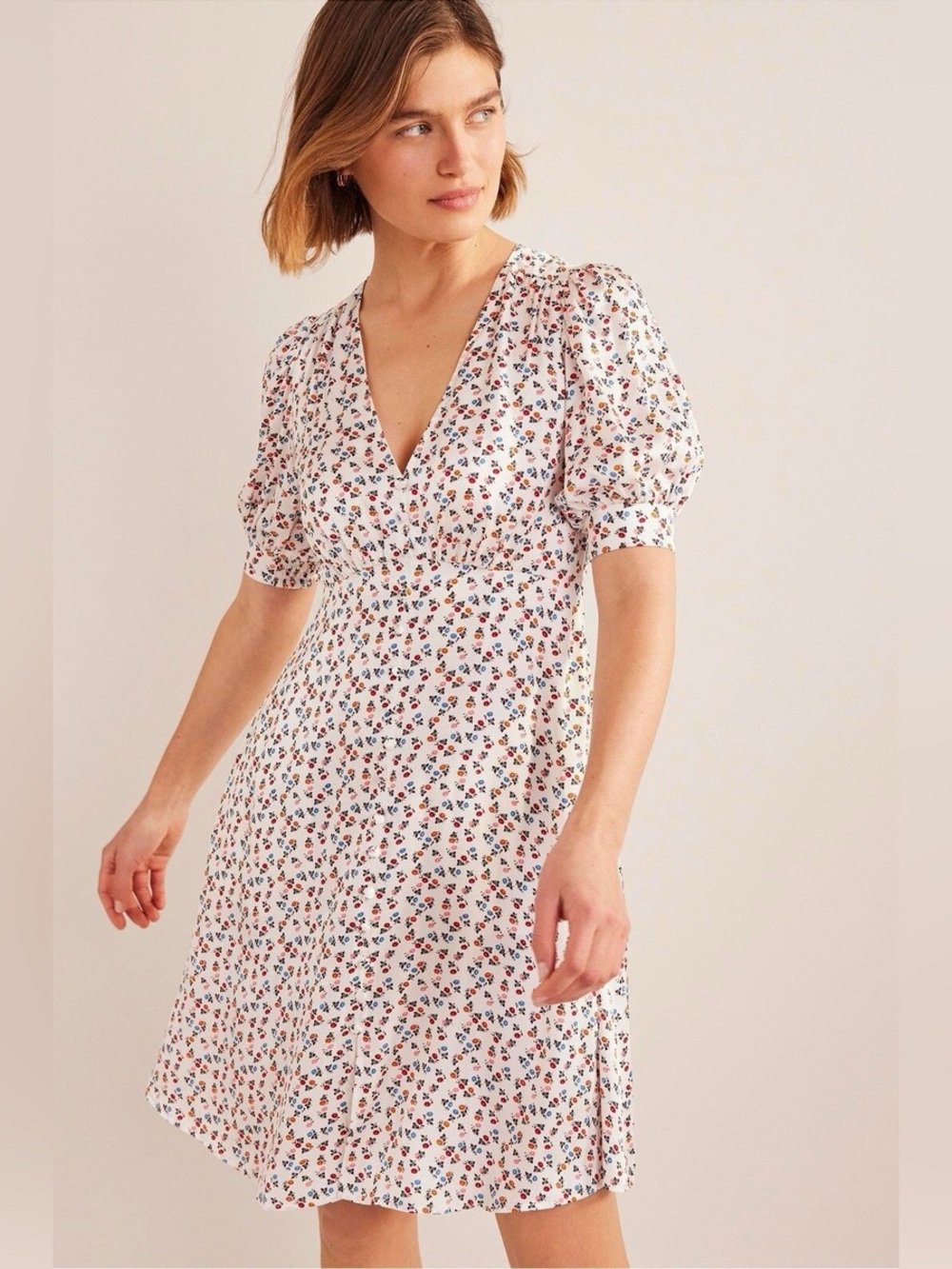 Boden Satin Tea Dress Short Puff Sleeve Mini Floral Ivory Sweet Daisy | Size 6